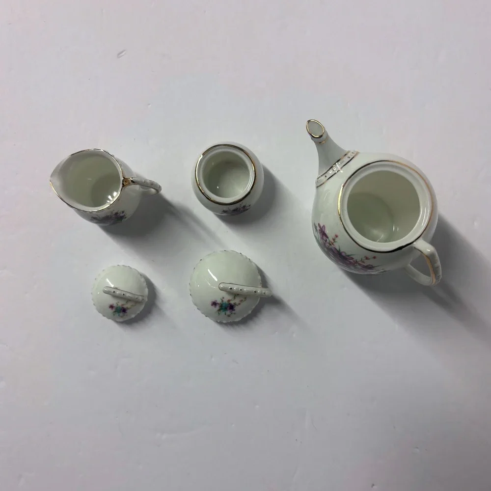 Miniature Porcelain Tea Set 11pc Purple Floral Gold Trim Teapot Cups Spoons